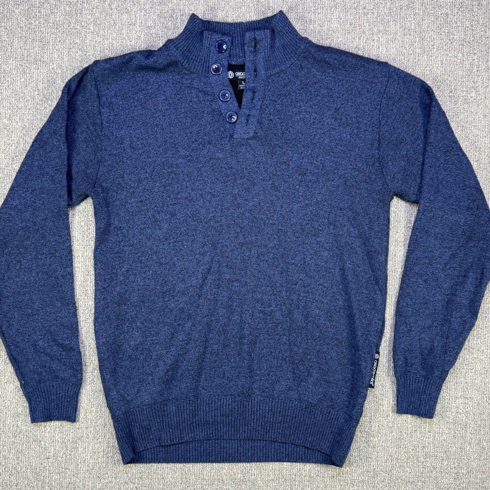 Akademiks Mock‎ Neck Sweater Mens Large Navy Rib Knit 1/4 Button Pullover